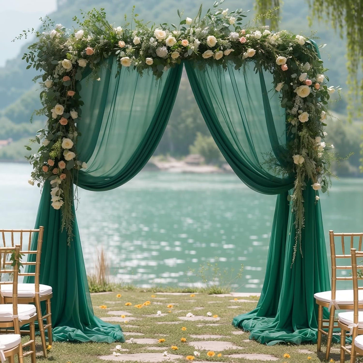 Wedding Arch Draping Fabric, 2 Panels 28" x 19Ft Emerald Green Arch Drapes Sheer Backdrop Curtain