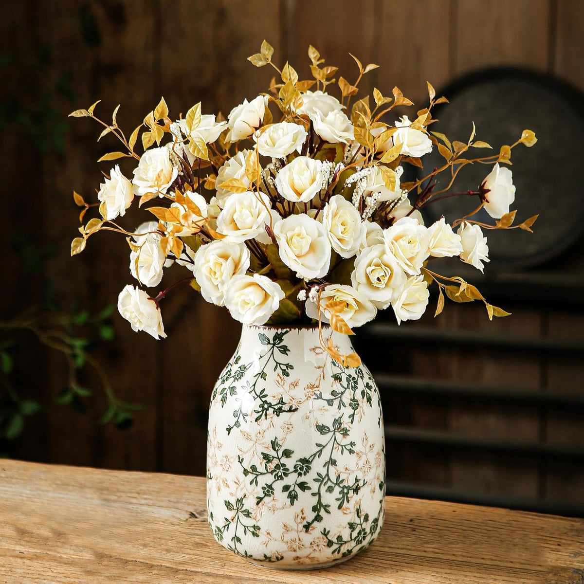Green and Beige Vintage Vase, Chinoiserie Floral Vase, Rustic Ceramic Large Vases for Home Decors