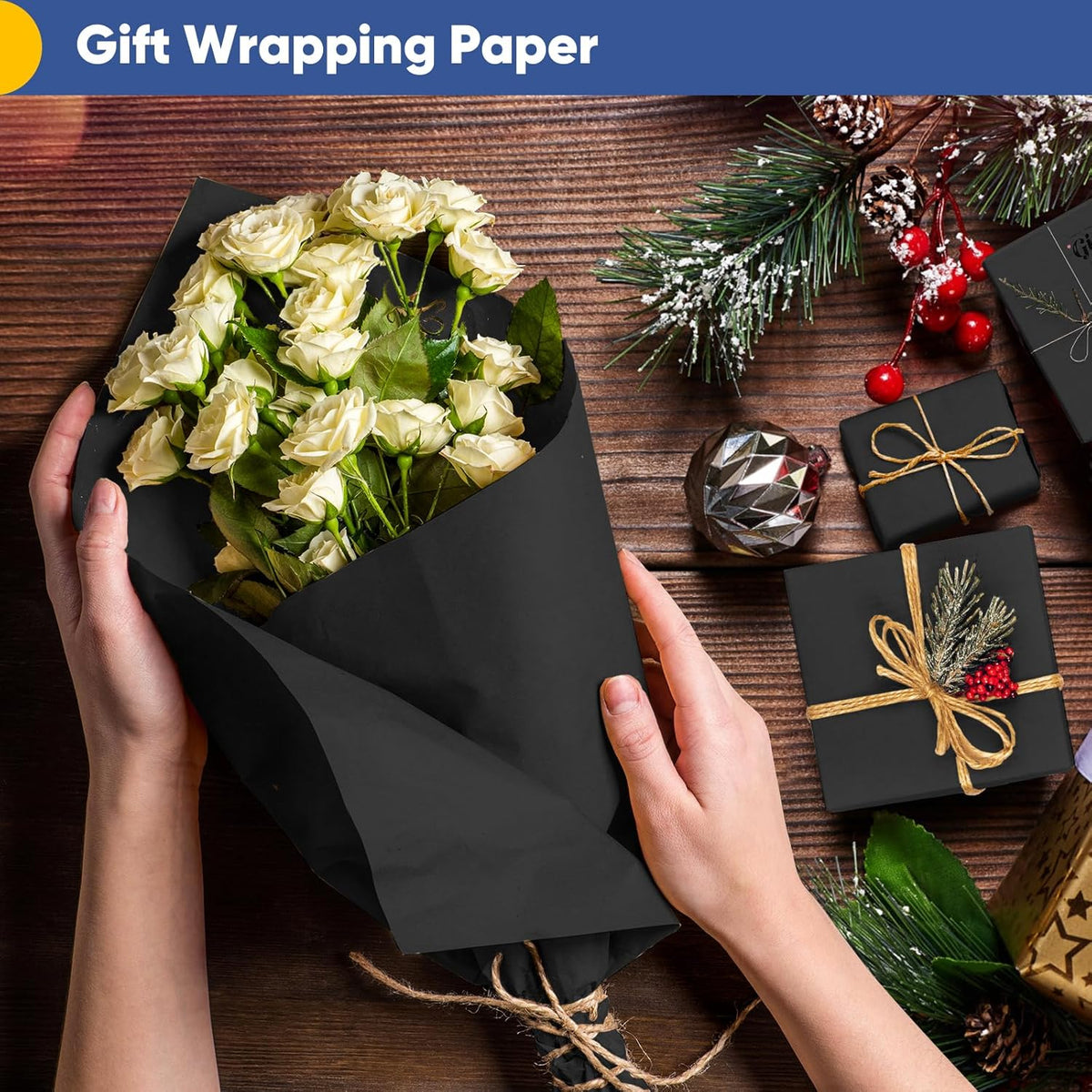 Vanhench Black Wrapping Paper, 17.5" x 963" (80 1/4FT), Art Paper, Birthday, Bouquet Flower