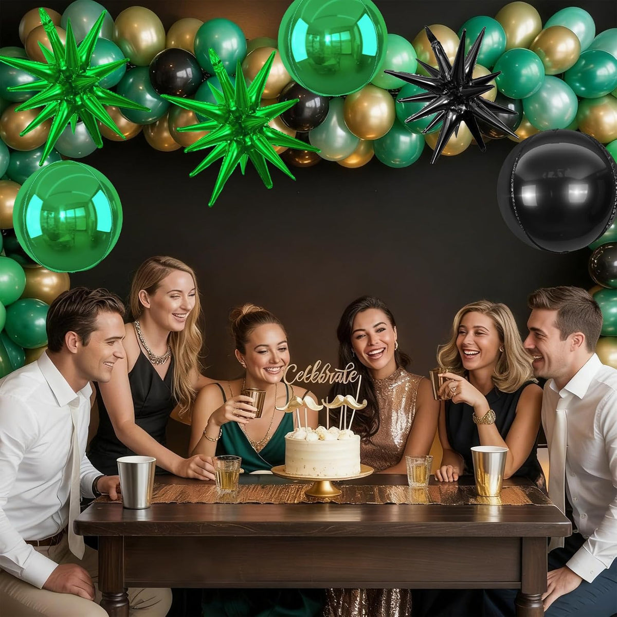 6Pcs Black Green Foil Balloons,22Inch Black Green 4D Round Ball Balloon and Explosion Star Balloon