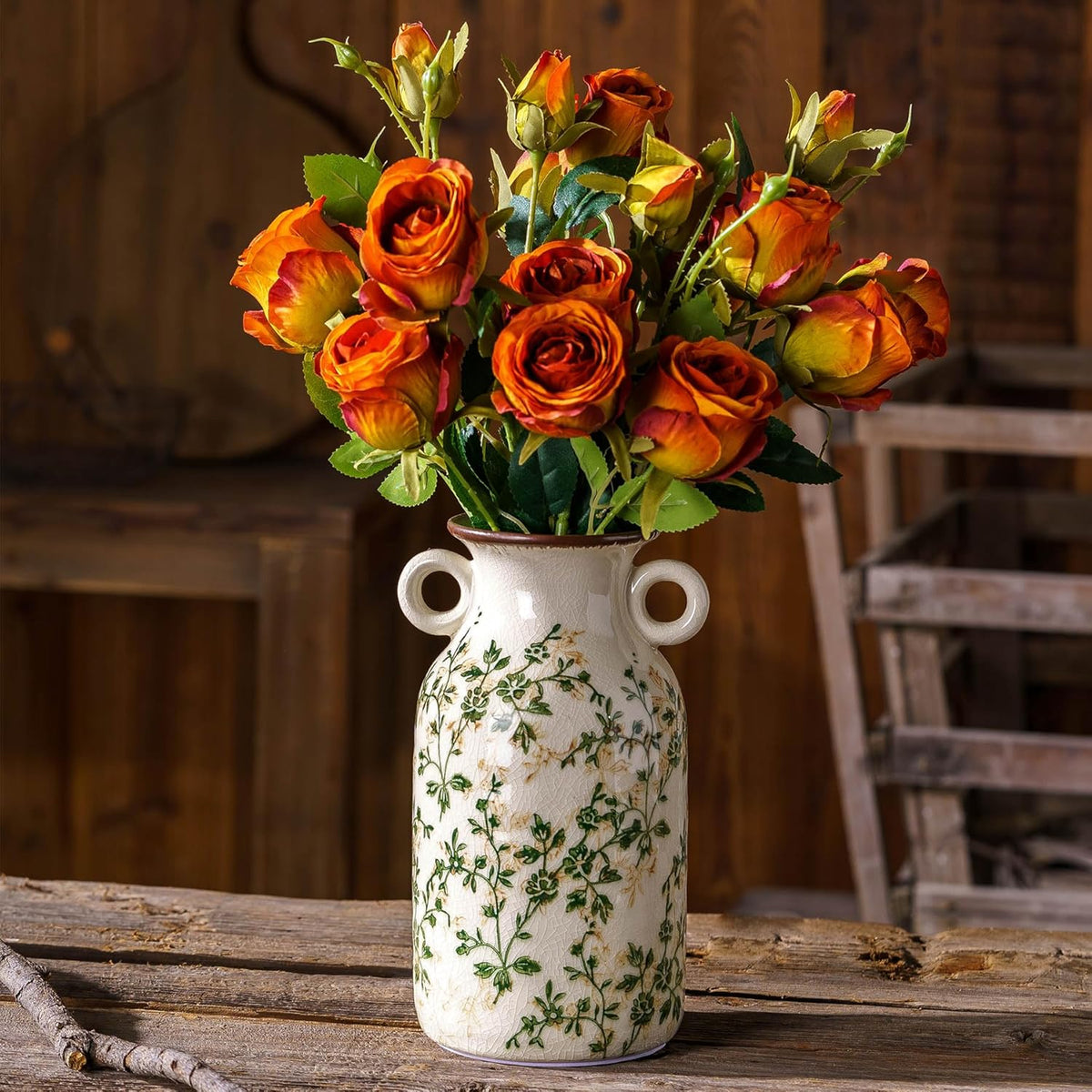 Vintage Pastoral Vase with Handles, Green and Beige Retro Ceramic Flower Vase, Rustic Farmhouse