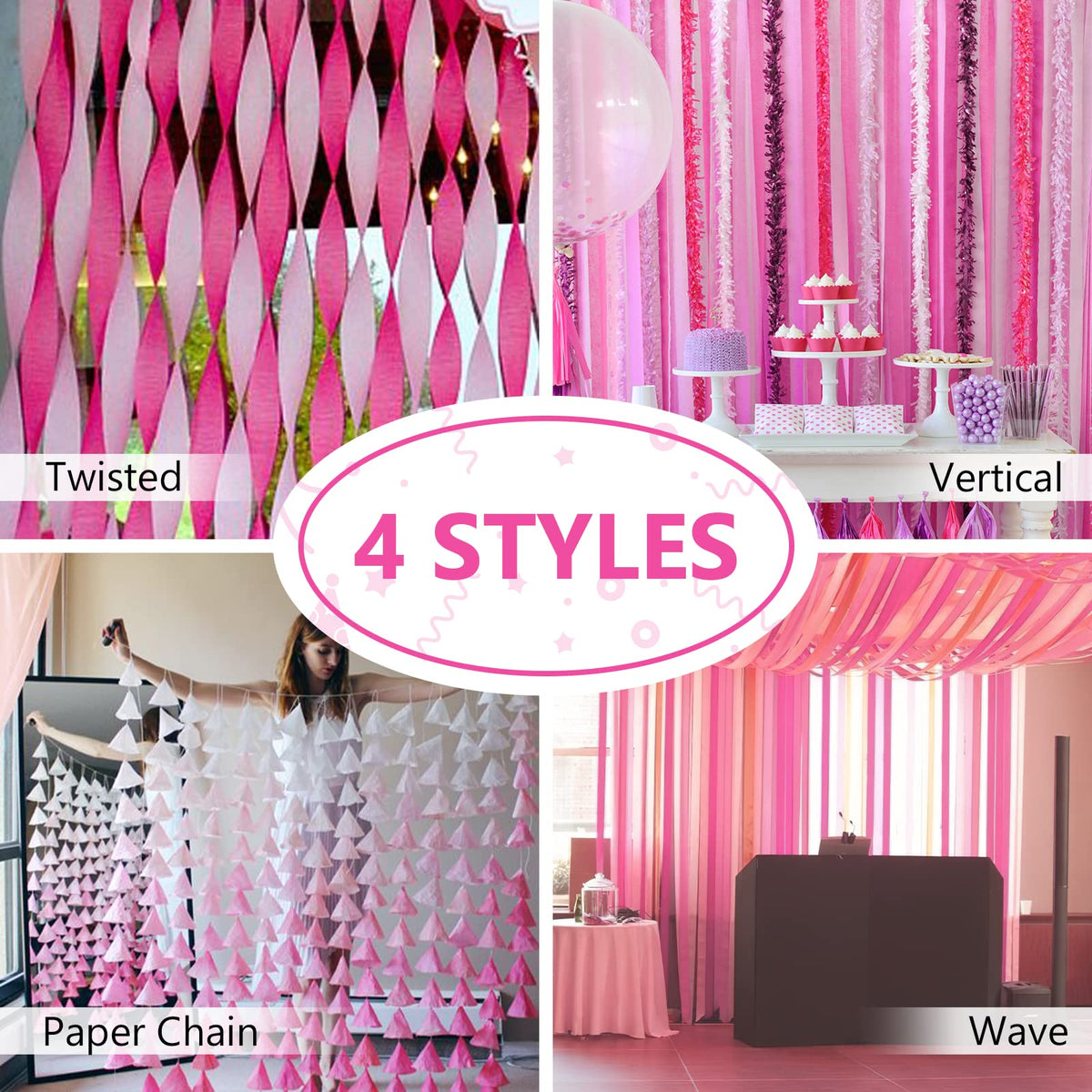 PartyWoo Hot Pink Crepe Paper Streamers 4 Rolls 328 FT Streamers