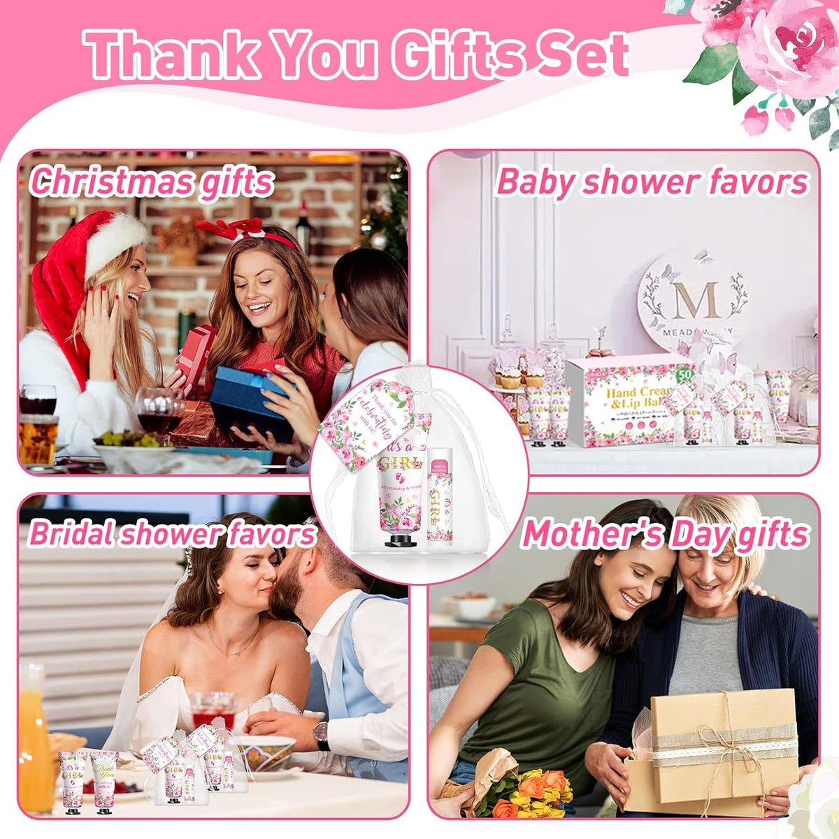 50 Pack Bulk Hand Cream and Lip Balm Gifts Sets, Baby Shower Favors and Bridal Shower Favors for