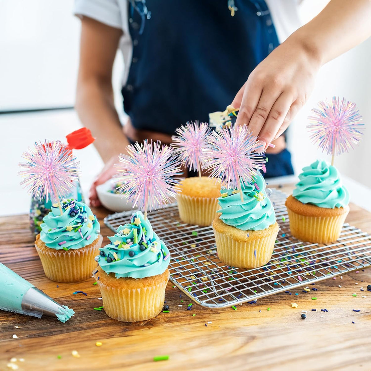 Ephlyn 30Pcs Foil Firework Cupcake Toppers Happy Birthday Cake Toppers Tinsel Flower Drink Stirrers