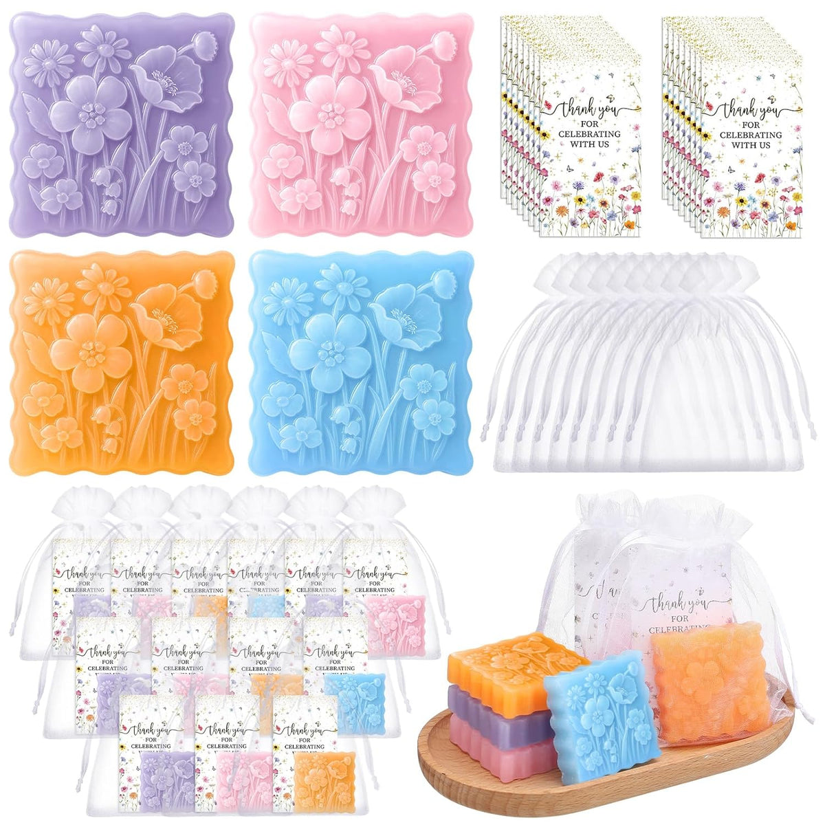 Leelosp 24 Sets Wildflower Baby Shower Soap Bath Gift Set with Bags Greeting Card Wild Flower