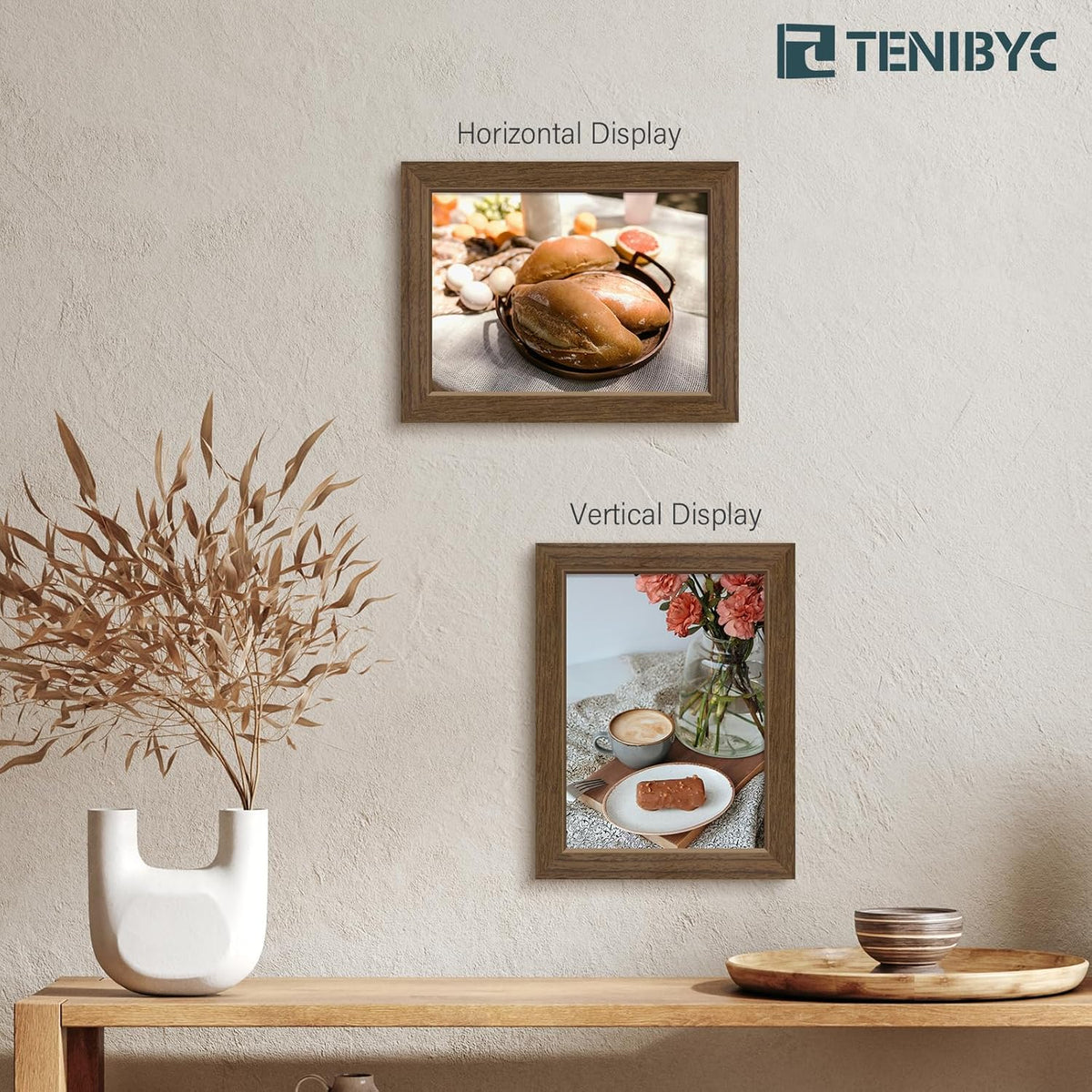 8x10 Picture Frame Set - 3 Pack, Brown Woodgrain, Wood Photo Frame, HD Tempered Glass, Gallery