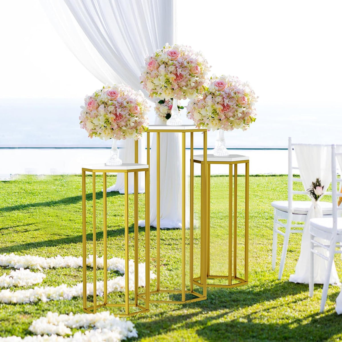 Urban Deco Cylinder Stands for Party, Set of 3 Gold Metal Hexagon Cake Pedestal Stand with Marbled