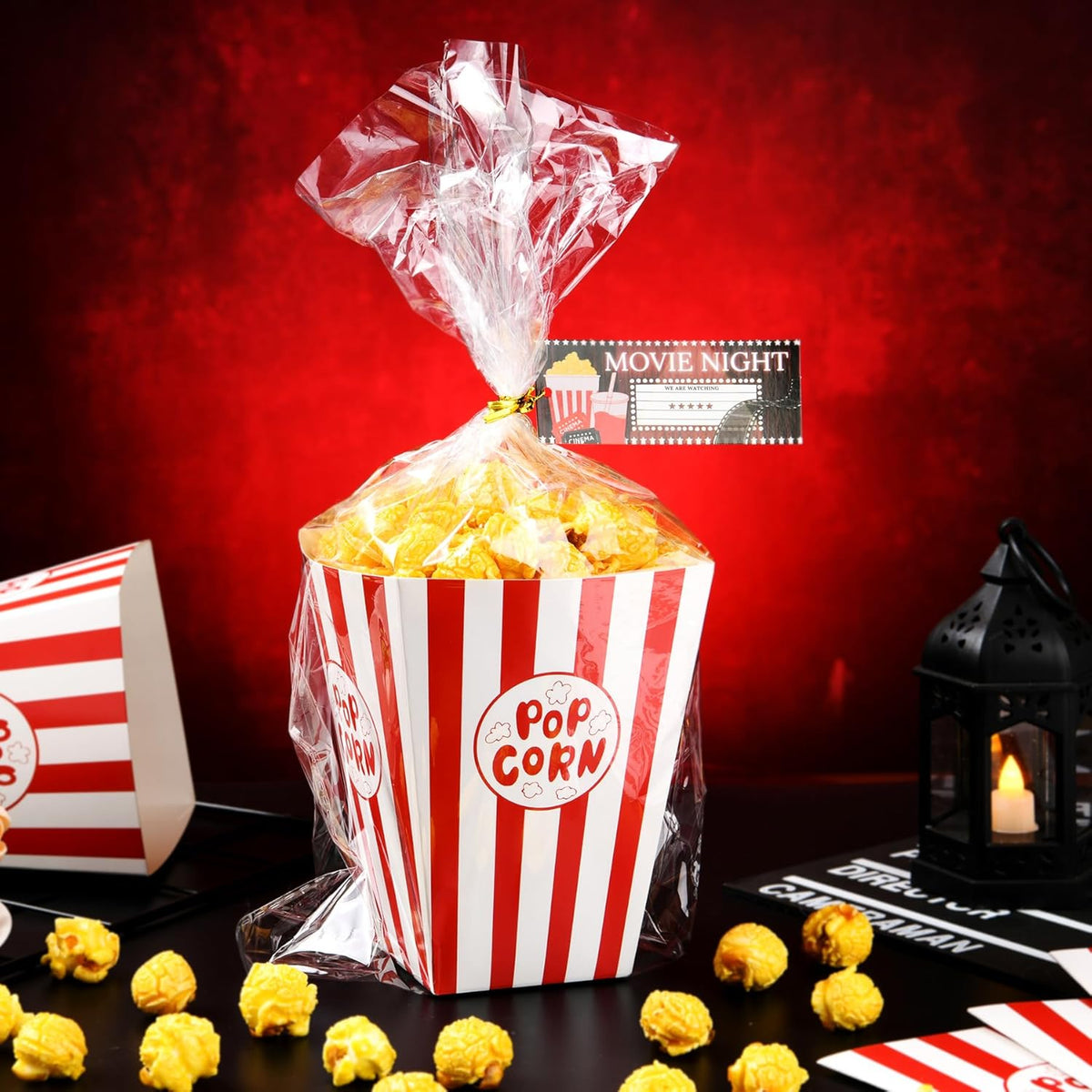 24set Movie Night Party Favors include Paper Popcorn Box Cellophane Bags and Ticket for Movie Theme