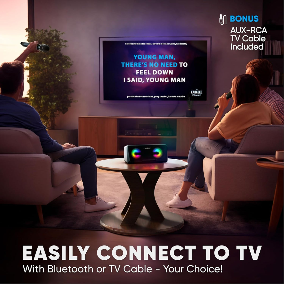 MASINGO Karaoke Machine for Adults and Kids with 2 Wireless Microphones, Portable Bluetooth Singing