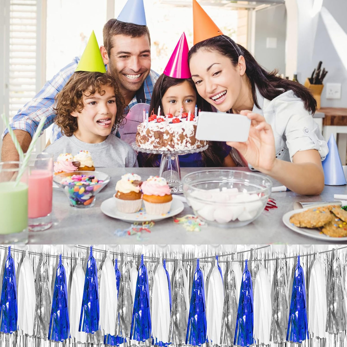 6P Navy-Blue White-Silver Tassel Garland Banner, Tassels Banner Streamers for Parade Floats