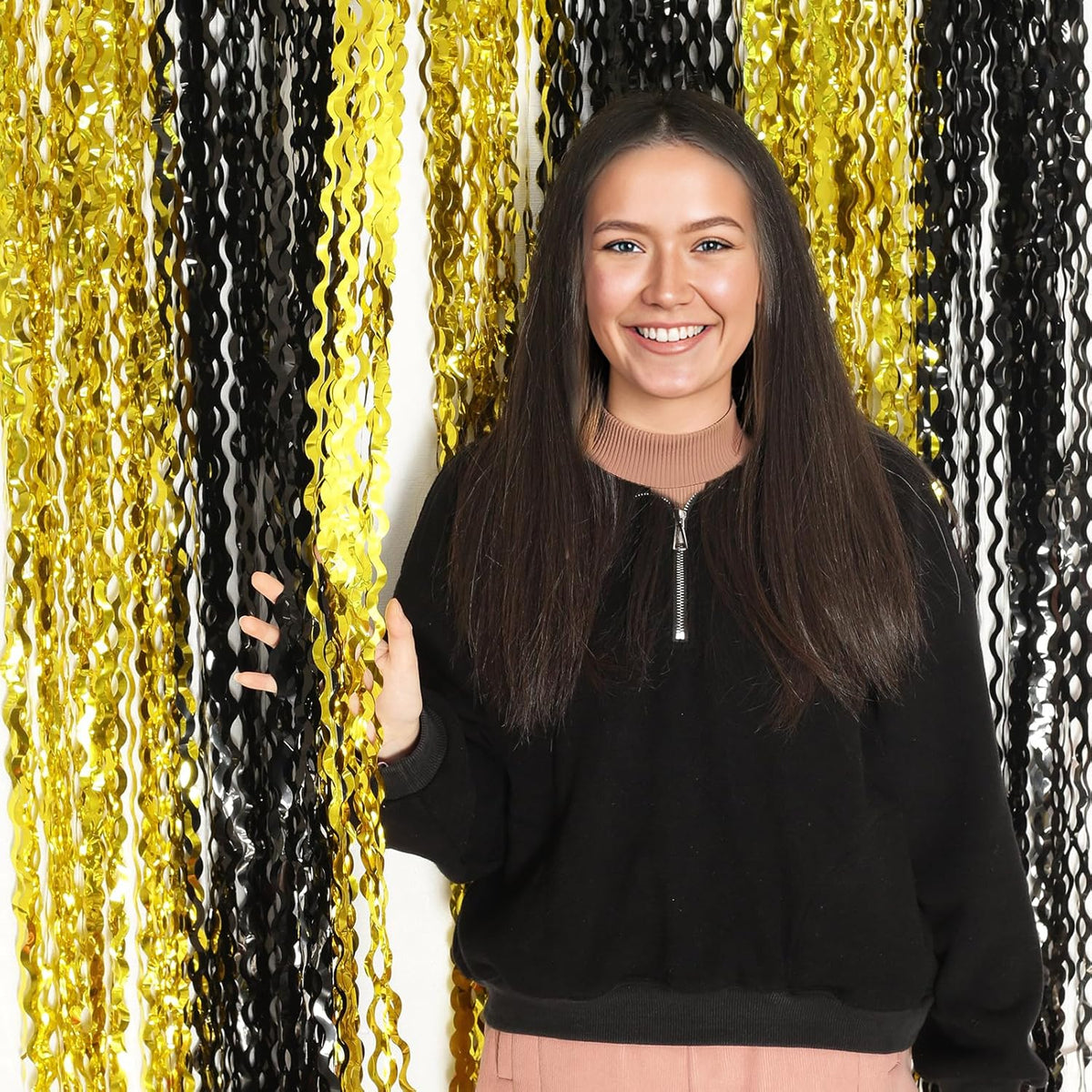 4 Pack Black and Gold Wavy Foil Fringe Curtains Pirthday Decorations,3.3 ft x 6.6 ft Metallic Foil