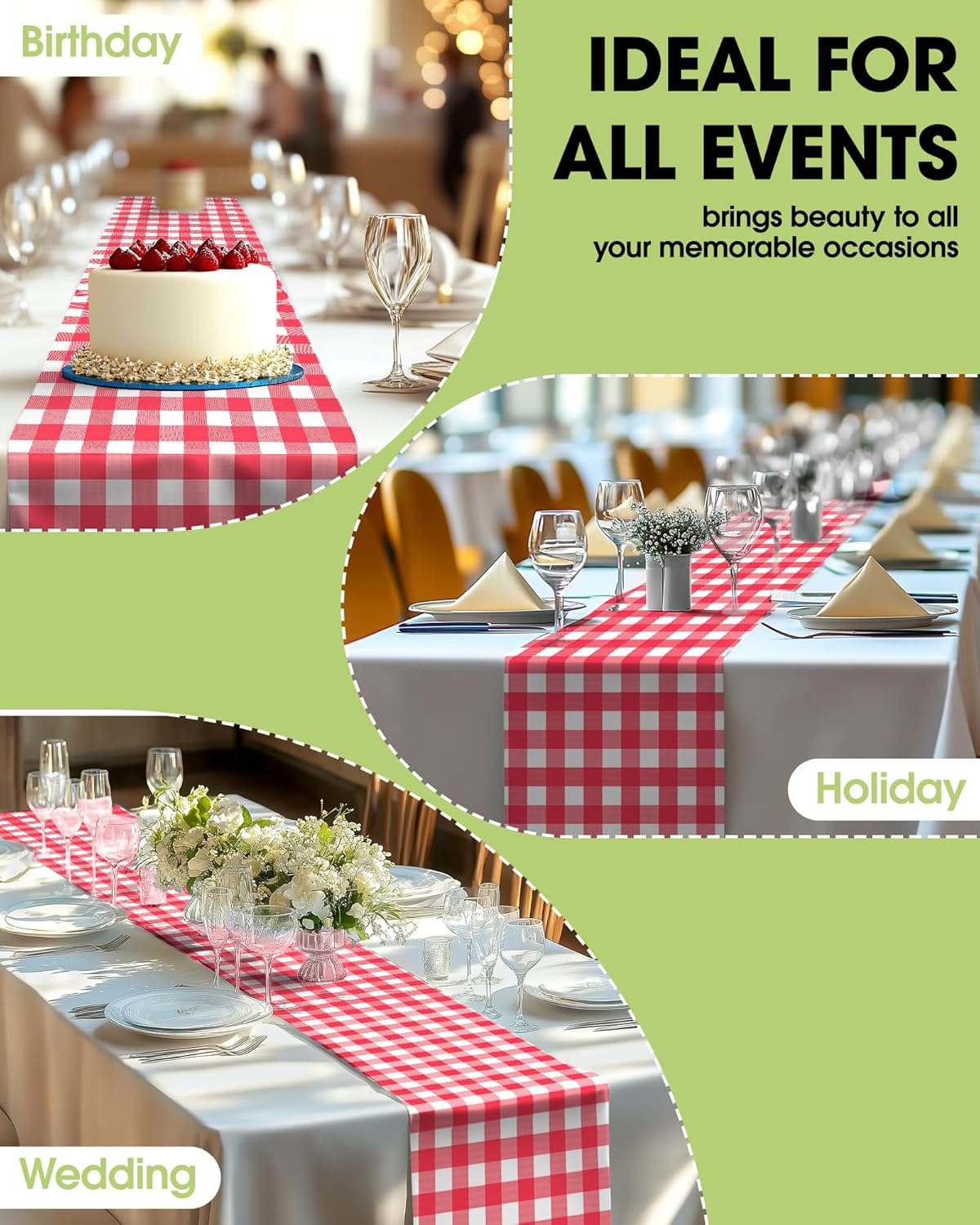 Pureegg Gingham Plastic Table Runners - 10 Pack, 14'' x 108'', Water Resistant & Disposable Plaid