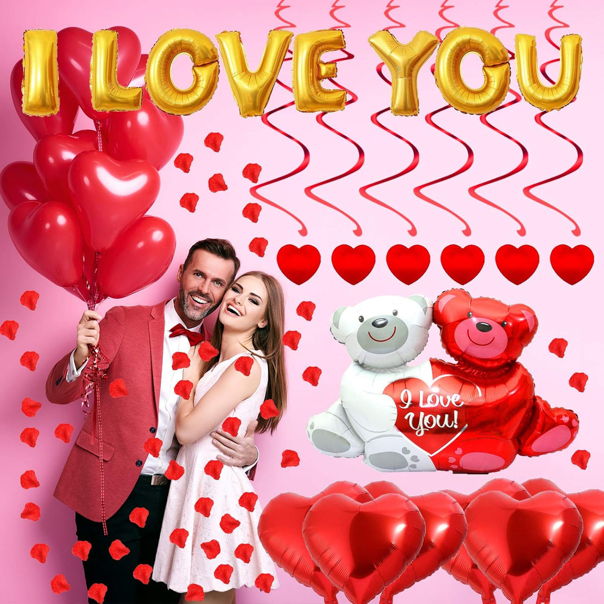 Rainmae I Love You Gold Balloons and Heart Balloons Kit with 1000 Pcs Dark-Red Silk Rose Petals