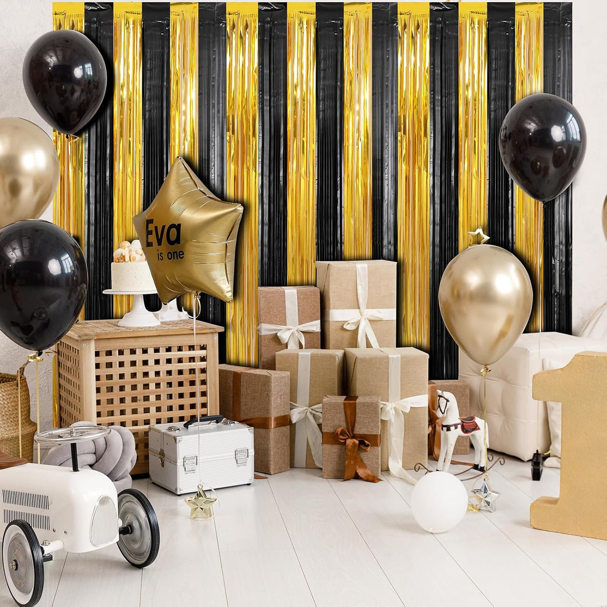 Crosize 2 Pack 3.3 x 9.9 ft Gold and Black Foil Fringe Curtains Party Decorations, Gold Tinsel