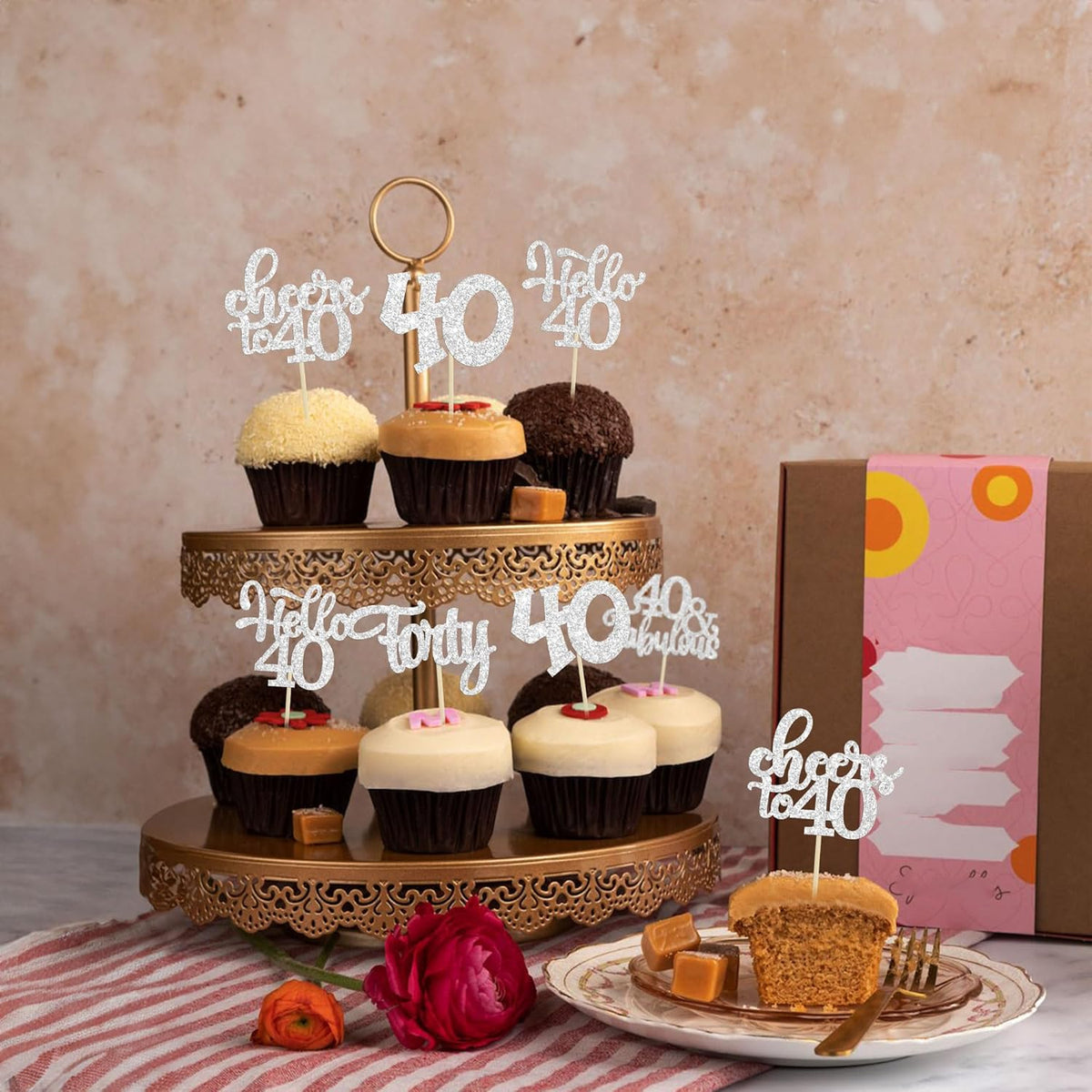 30pcs Happy 40th Birthday Cupcake Toppers - Silver Glitter Forty Cheers to 40 Years Old Cupcake