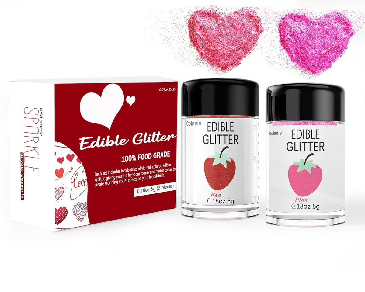 Red Pink Edible Glitter Glimmer Powder for Cakes Drinks - Valentine's Colaele 5 grams Food Grade