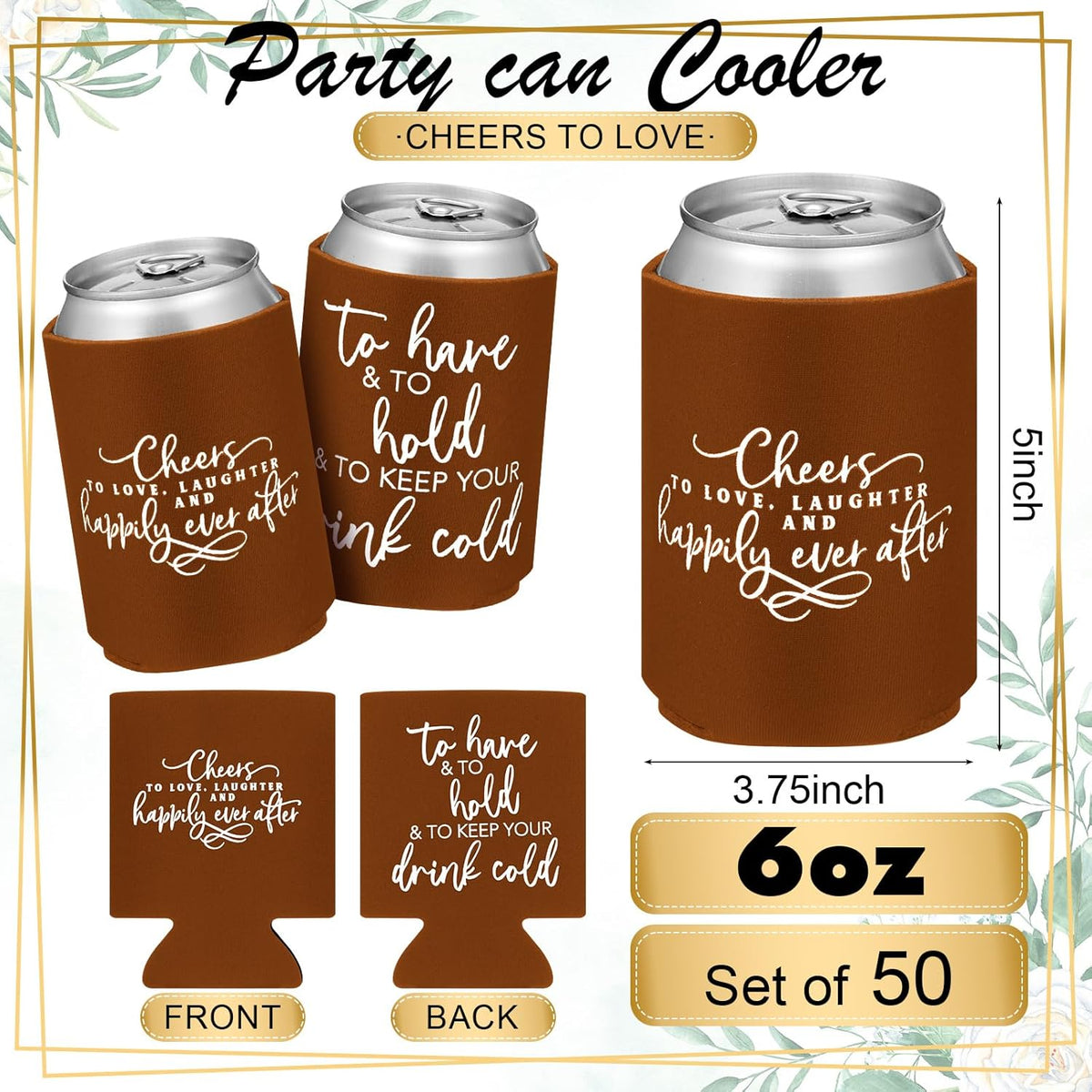 50 Pieces Chocolate Wedding Can Cooler Sleeves Bulk Engagement Party Favors for Guests Cheers to