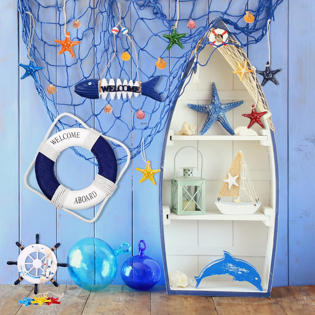 Marsui 11 Pcs Wooden Nautical Wall Decor Fishing Net Decorations, Include Decorative Fishing Net