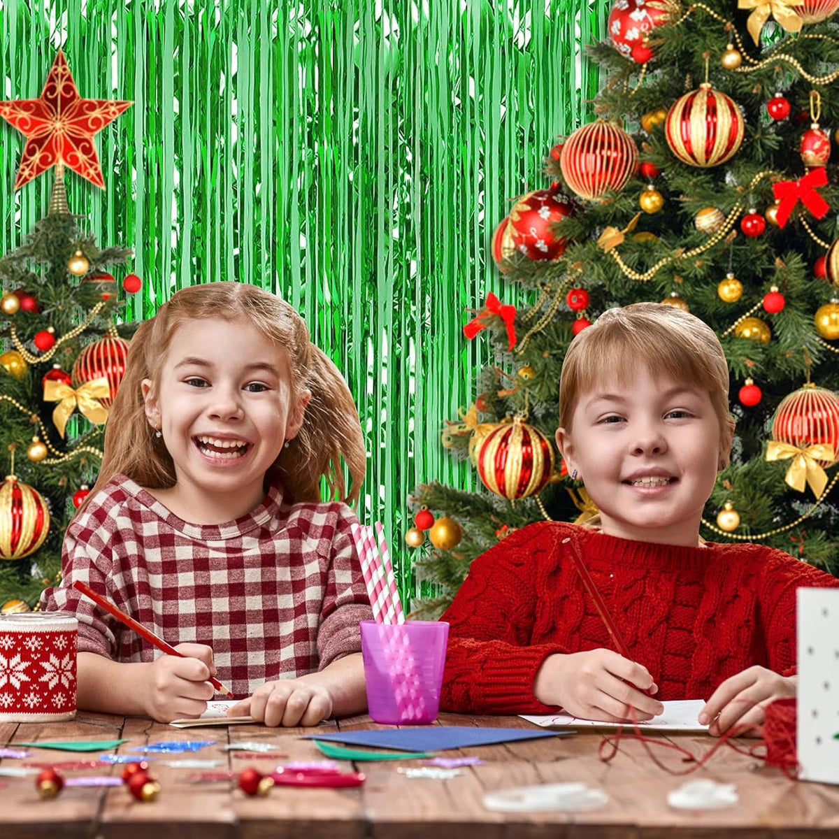 5 Pack Green Fringe Backdrop 3.2ft x 8.2ft Foil Curtain Tinsel Fringe Curtains Backdrop Streamers