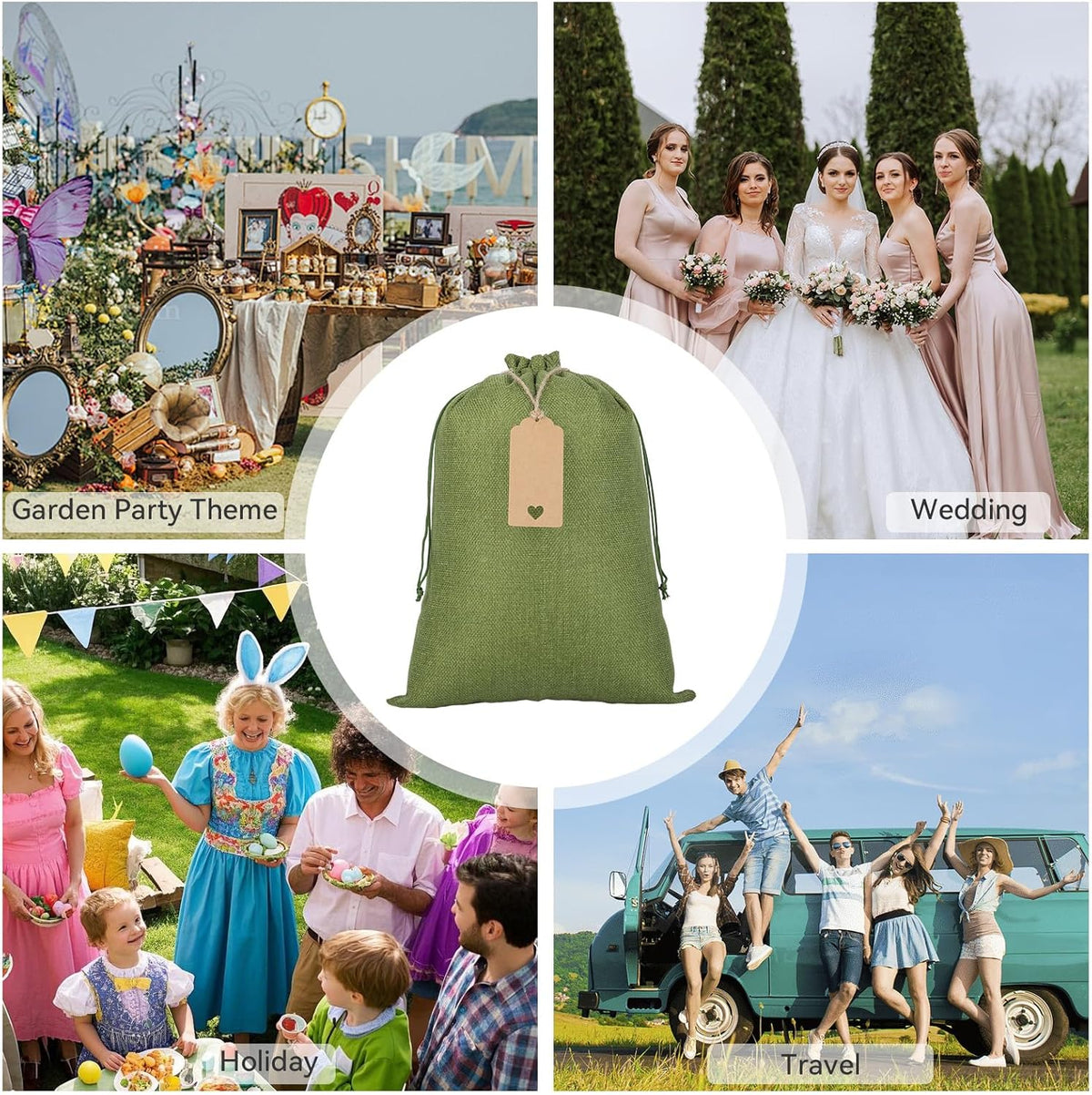 Tapleap Burlap Bags with Drawstring - 10Pcs 10x14 Green Gift Sacks for Wrapping Halloween Favors