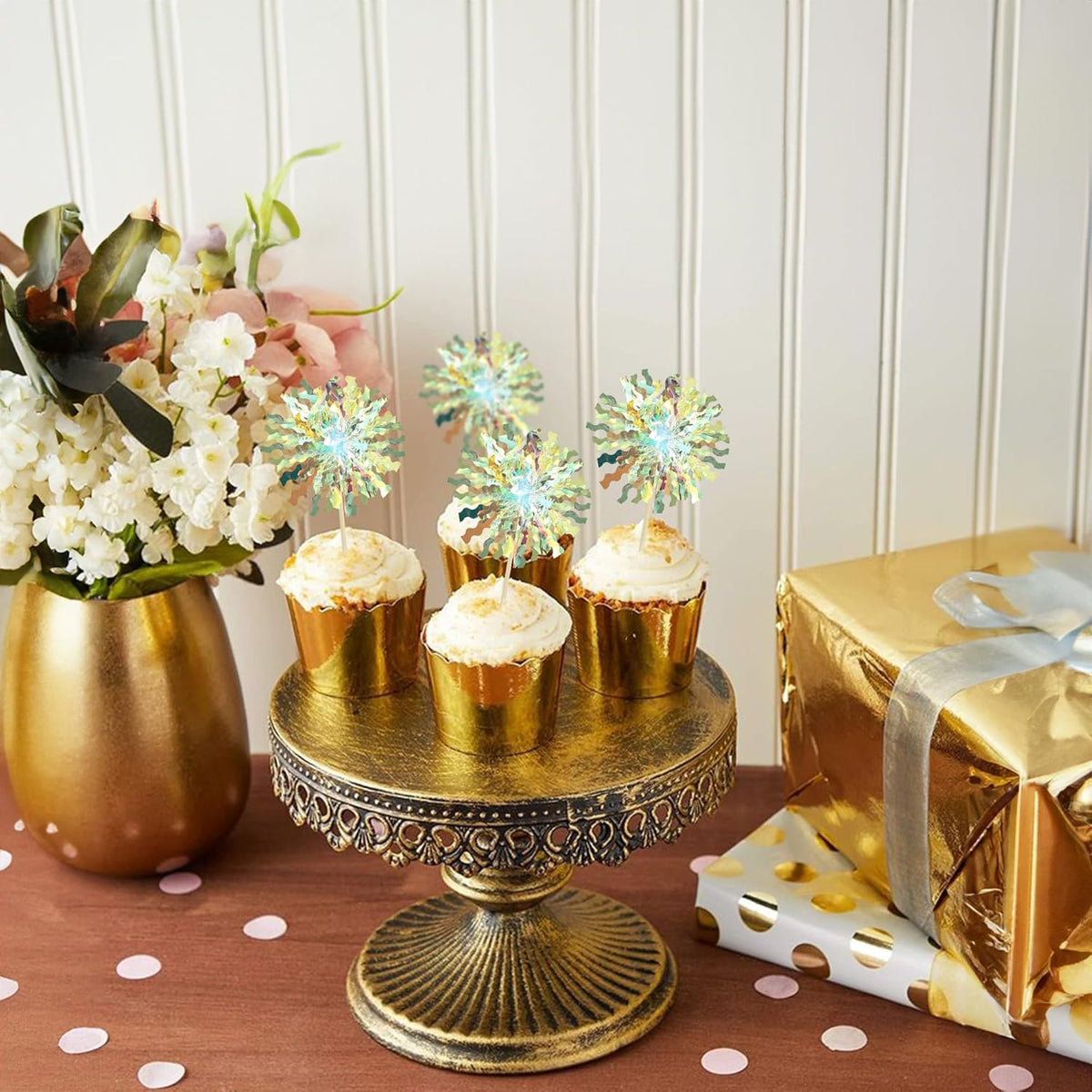 Ephlyn 30Pcs Foil Firework Cupcake Toppers Sparkle Tinsel Cupcake Picks Firework Cake Decorations