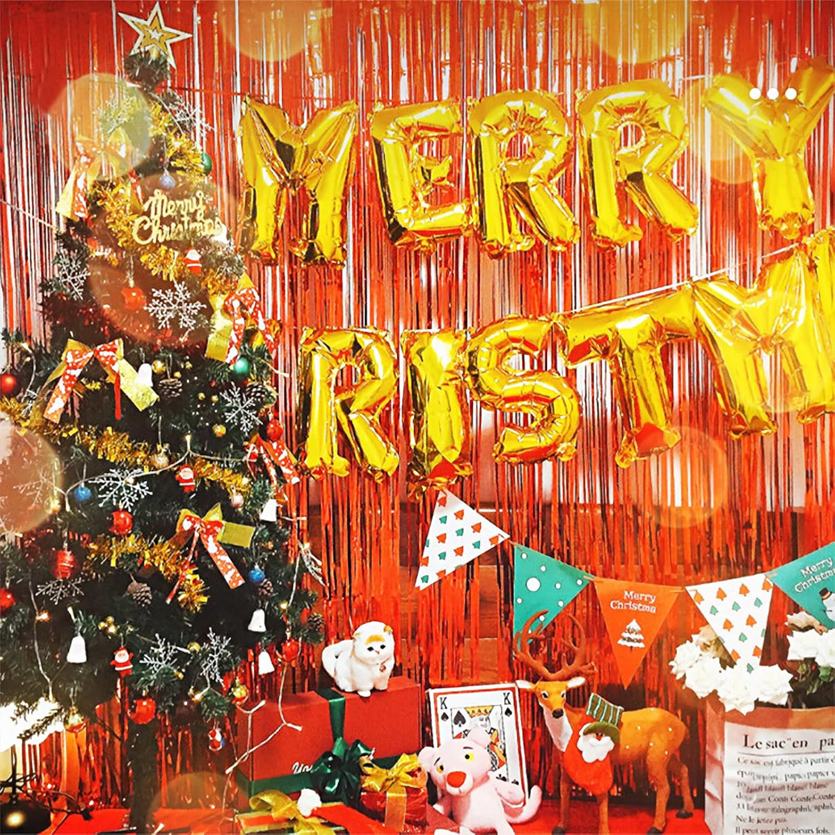 2 Pcs Red Metallic Tinsel Foil Fringe Curtains Backdrop, 3.28 ft x 6.56 ft Streamers for Birthday