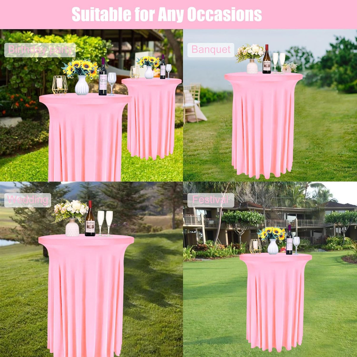 6 Pack Round Cocktail Tablecloth 32"x 43" Spandex Cocktail Table Skirt, Washable Stretch Fitted