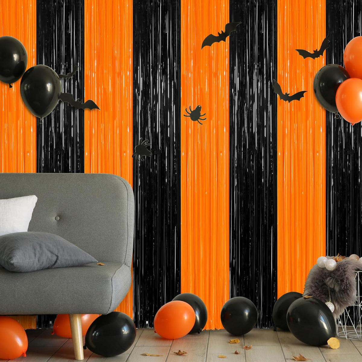 2 Pack Halloween Photo Backdrop, 3.28 FT x 7.05 FT Orange and Black Party Streamer, Metallic Foil