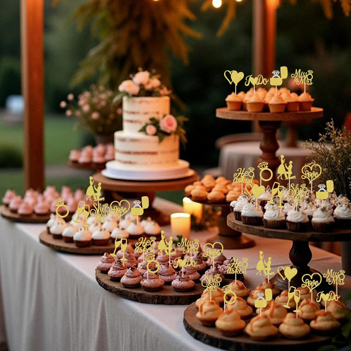 30 PCS He Asked She Said Yes Cupcake Toppers Glitter Engagement Cupcake Toppers Miss to Mrs I Do