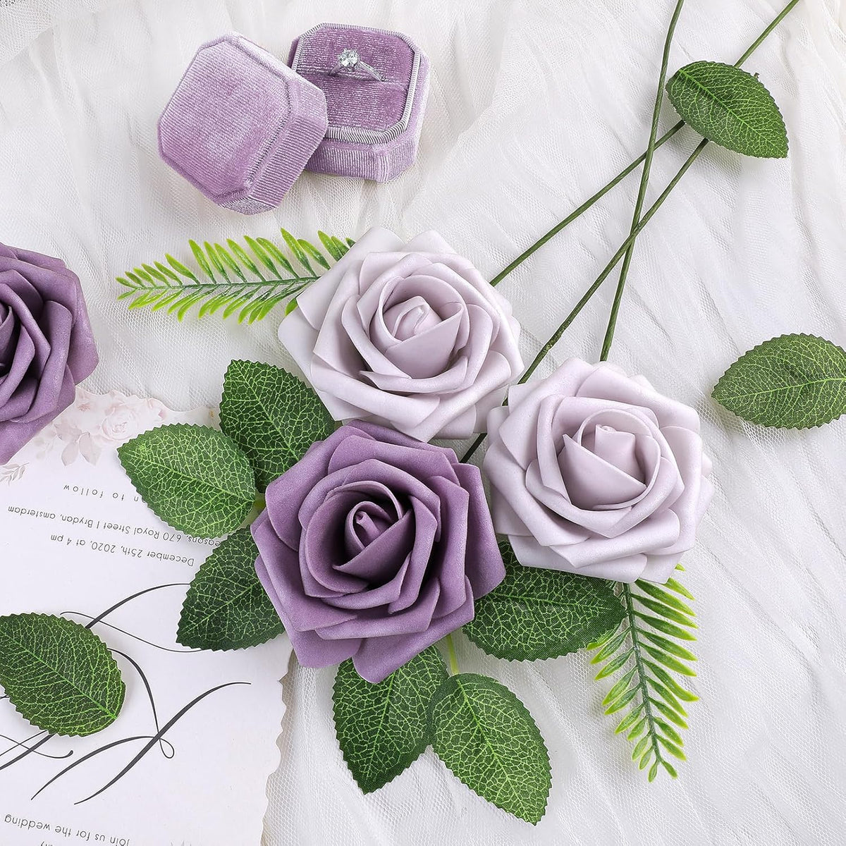 AmyHomie 25pcs Real Looking Artificial Pale Lavender Roses w/Stem for DIY Wedding Bouquets