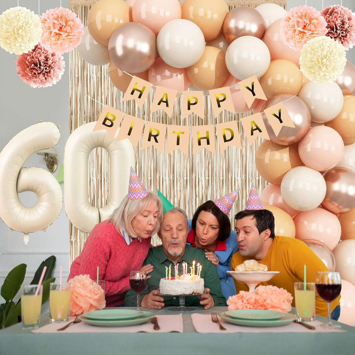 Beige 60th Birthday Decorations for Women Cream Number 60 Balloon Nude Gold Happy Birthday Banner