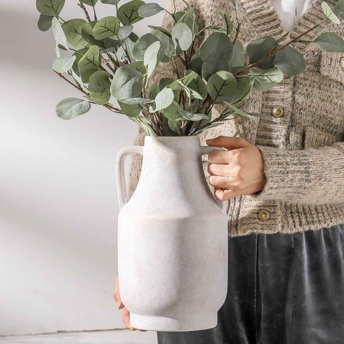 Mitt&Ditt Ceramic Flower Vase with Handles, 11 inch Tall Off-White Vase, Large Decorative