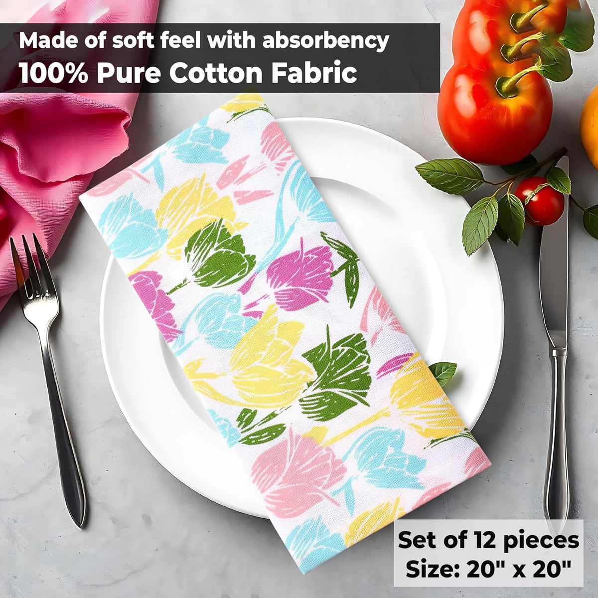 Urban Villa Easter Cloth Napkins Tulip Print 100% Cotton Absorbent Dinner Napkins (Set of 12)