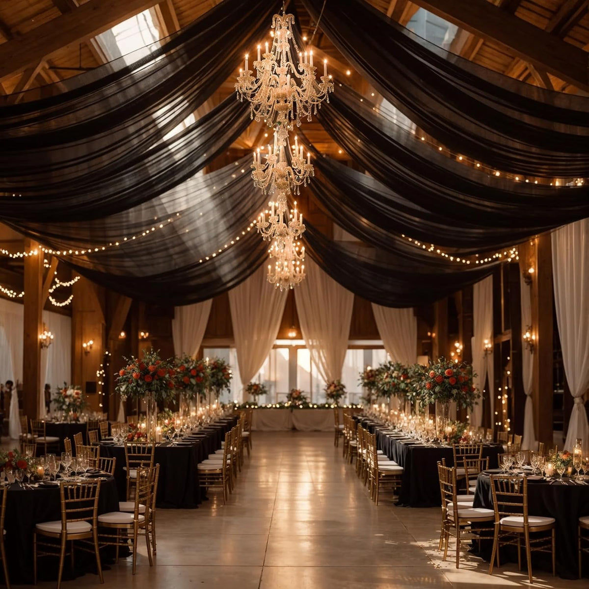 Wedding Arch Draping Fabric,2 Panels 18FT Black Sheer Chiffon Curtain Drapes 6 Yards for Wedding