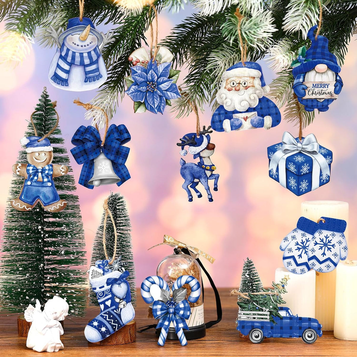 Suzile 36 Pcs Christmas Wooden Ornaments Blue Christmas Ornaments for Tree Vintage Winter Tree