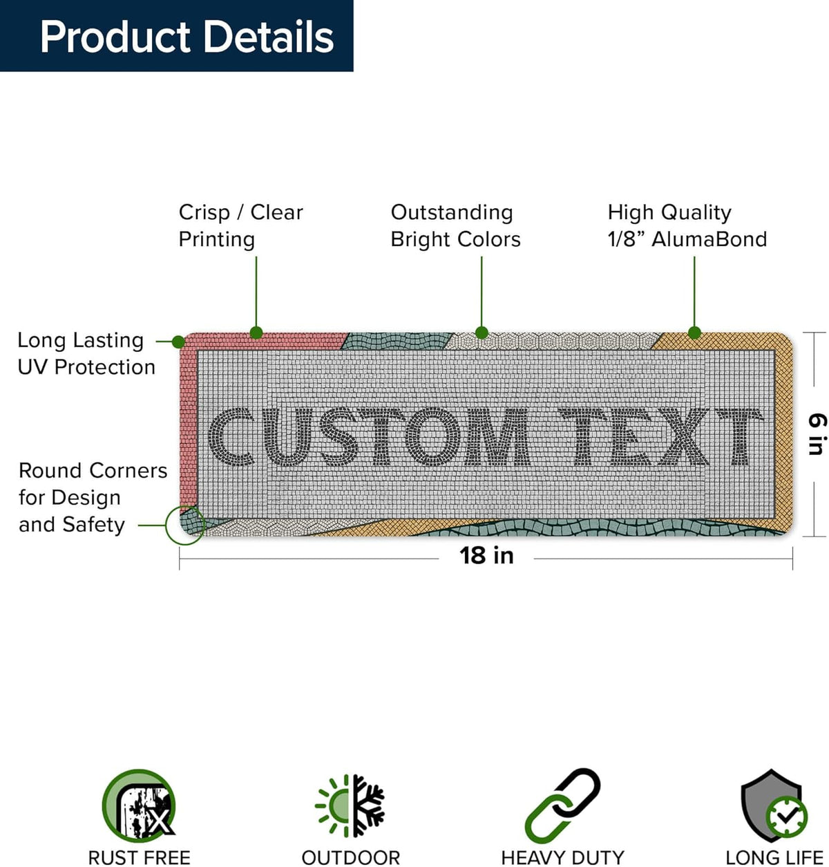Custom Sign, Custom Street Sign, 11 Font Colors, 13 Font Styles, 4 Hole Options, 22 Sizes, 6x18