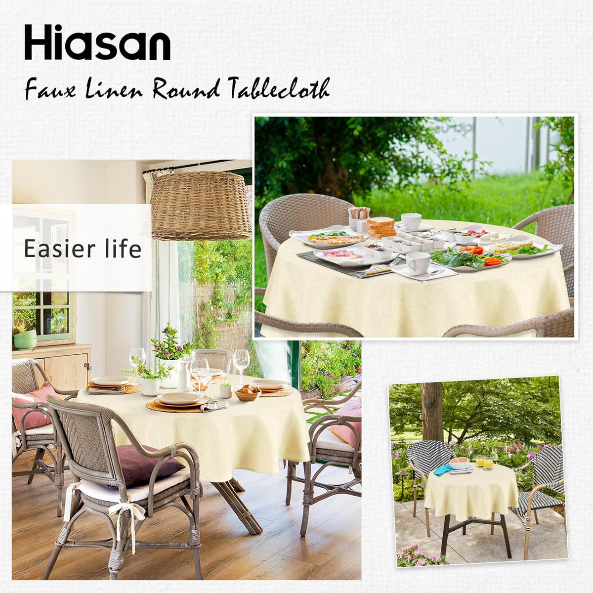 Hiasan Round Linen Tablecloth 50 Inch - Wrinkle and Stain Resistant Washable Polyester Fabric Table