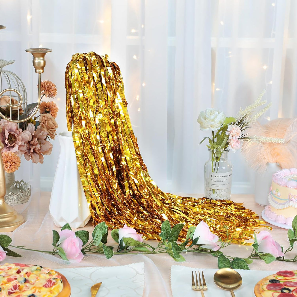 50 Pcs Wedding Fairy Wands with Bells Foil Tinsel Ribbon Stick Wands Tinsel Party Streamers with