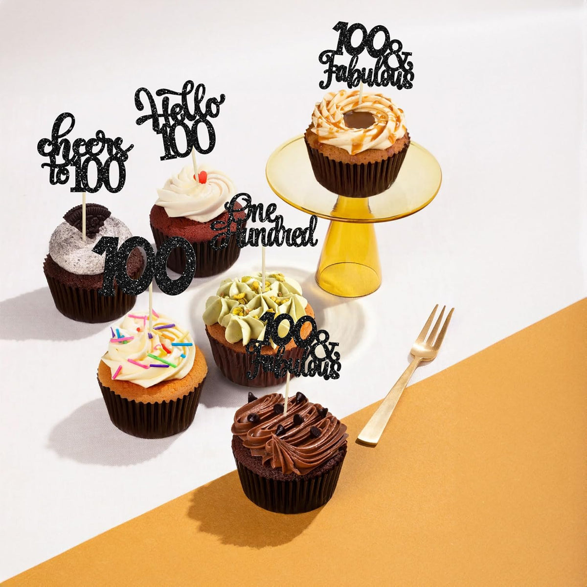 30pcs Happy 100th Birthday Cupcake Toppers - Black Glitter One Hundred Cheers to 100 Years Old