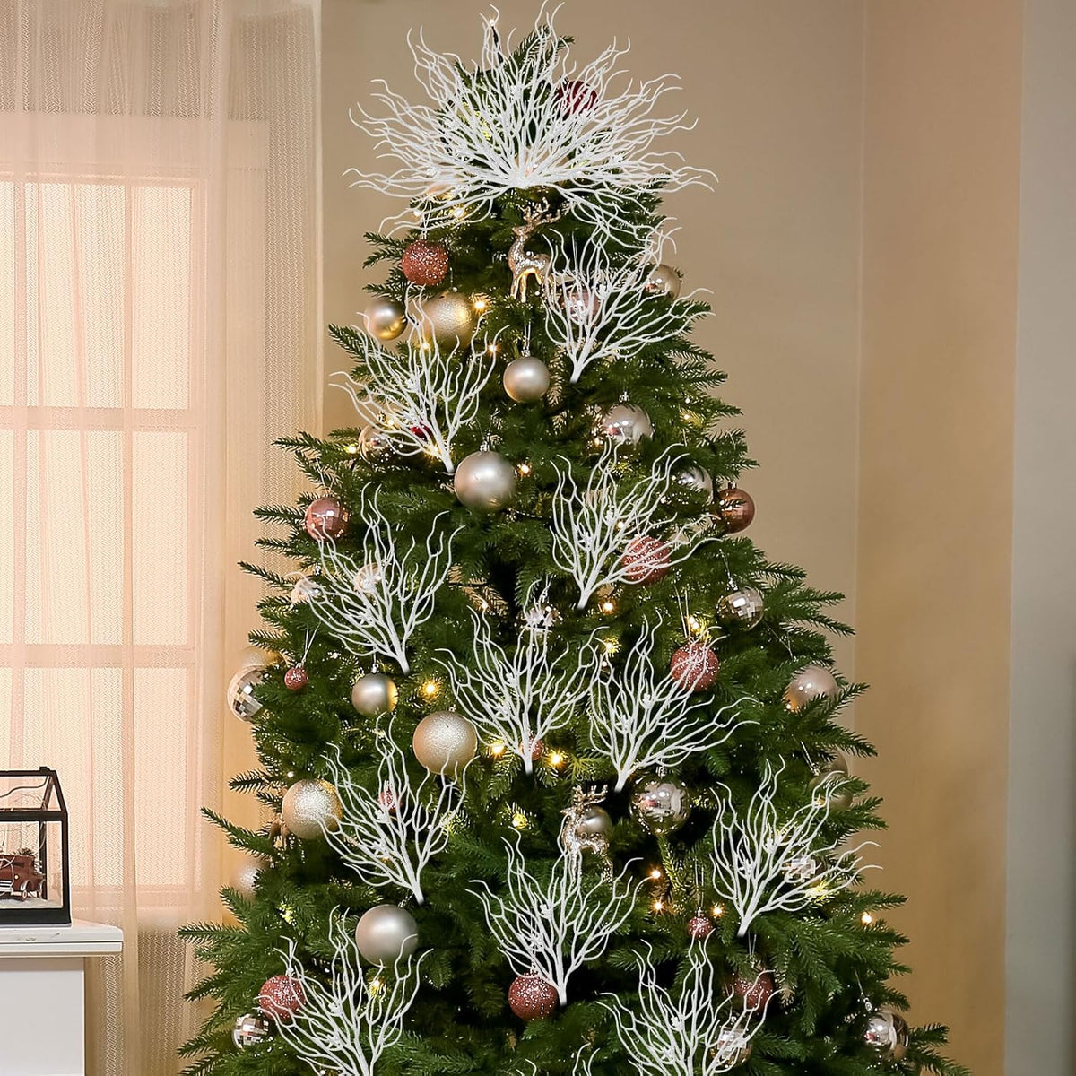 8 Pcs White Coastal Ornaments for Christmas Tree 15.7inch Glitter Coral Beach Ocean Spray Pick