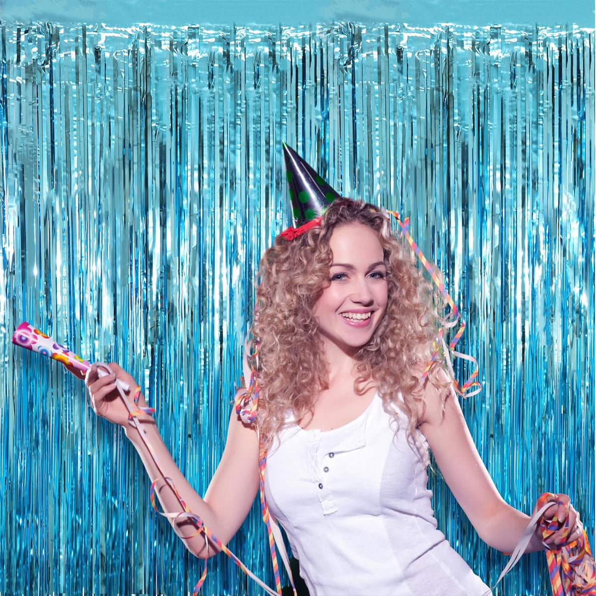 2 Pack Light Blue Tinsel Foil Fringe Curtains, Blue Party Decorations, Metallic Tinsel Party