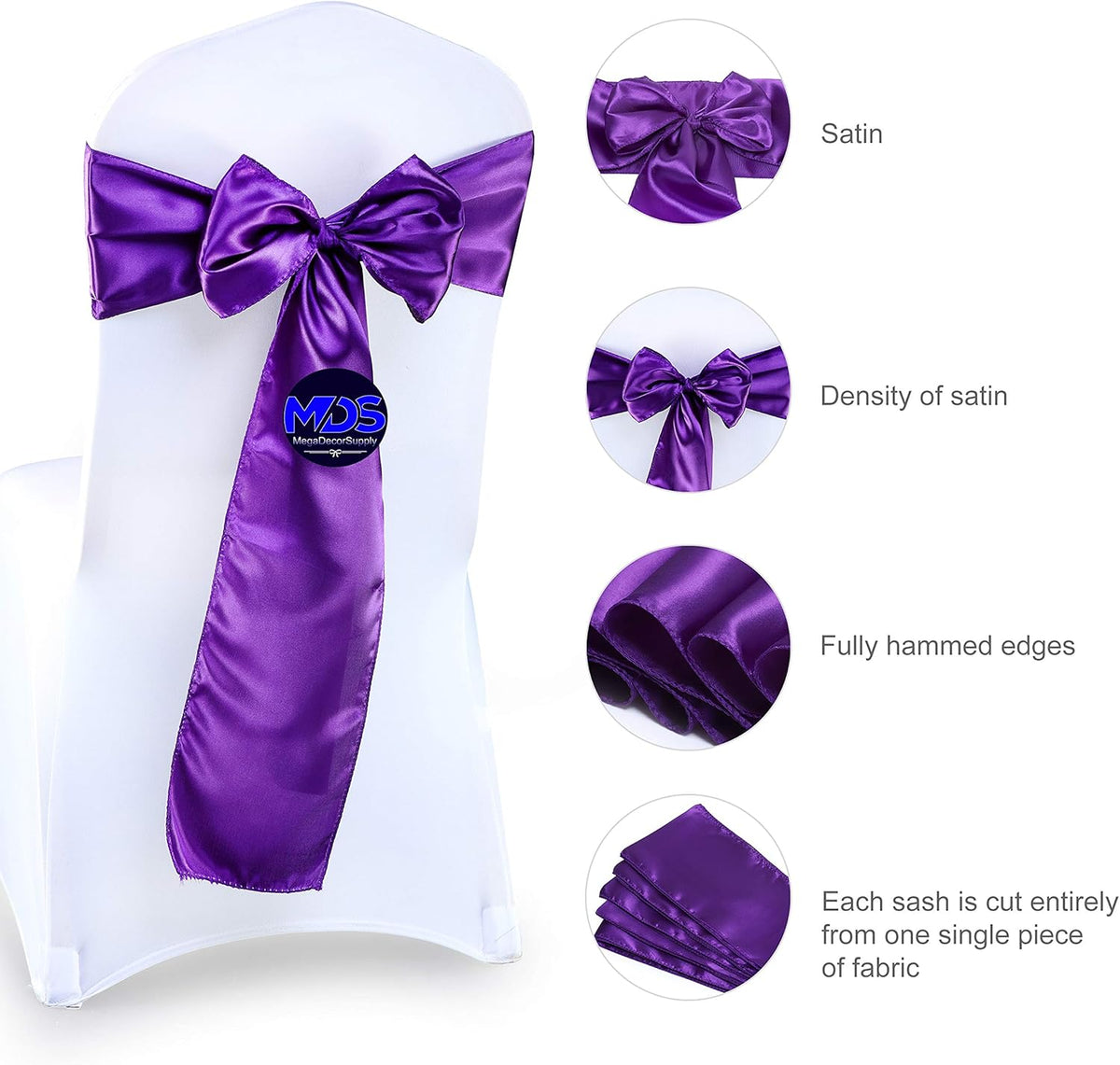 MDS Pack of 100 PCS Satin Chair Sashes Charmeuse Sateen Dining Chair Bows Ribbon Ties Back Sash for