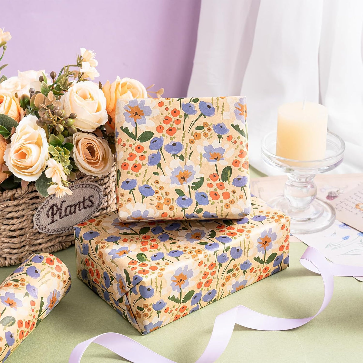 WRAPAHOLIC Kraft Floral Wrapping Paper Roll - Mini Roll - 17 Inch x 33 Feet - Watercolor Flower