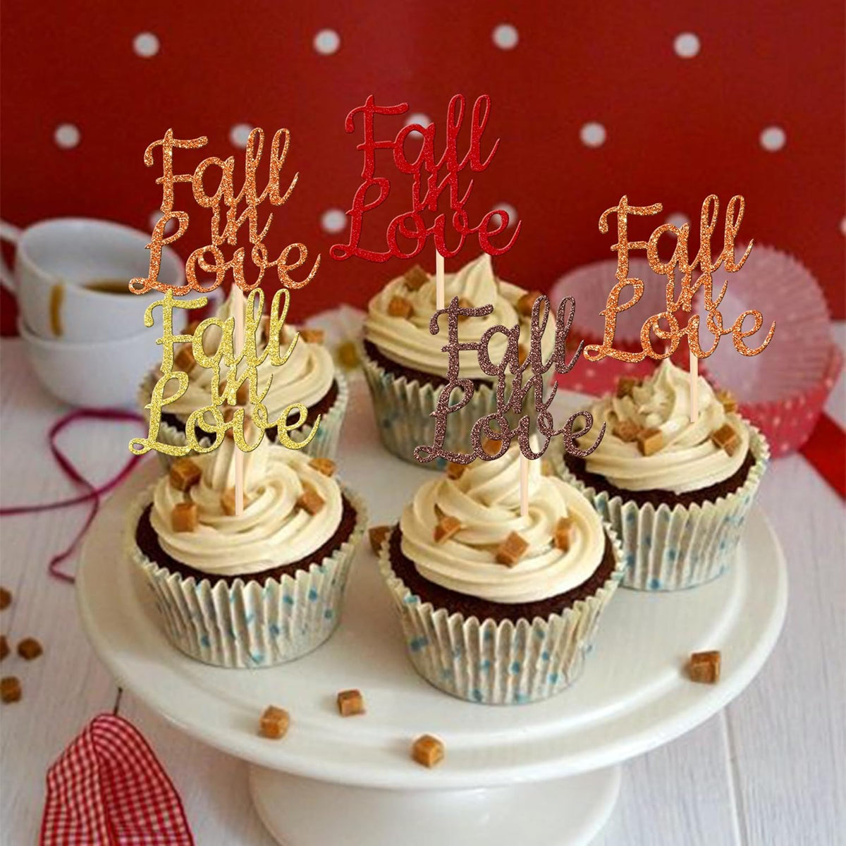24 PCS Fall in Love Cupcake Toppers Glitter Fall Theme Bridal Shower Cupcake Picks for Autumn