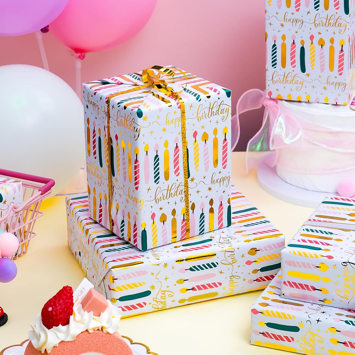 Yarcony Birthday Candle Wrapping Paper Roll - 17Inch X 33Feet - Elegant Rainbow Gold Foil Candles