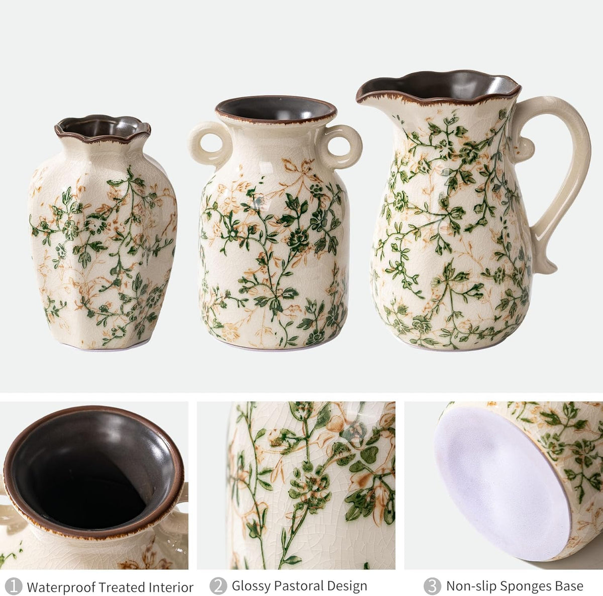 Ceramic Vases Set of 3, Green & Beige Chinoiserie Flower Pitcher Vase, Farmhouse Vintage Floral