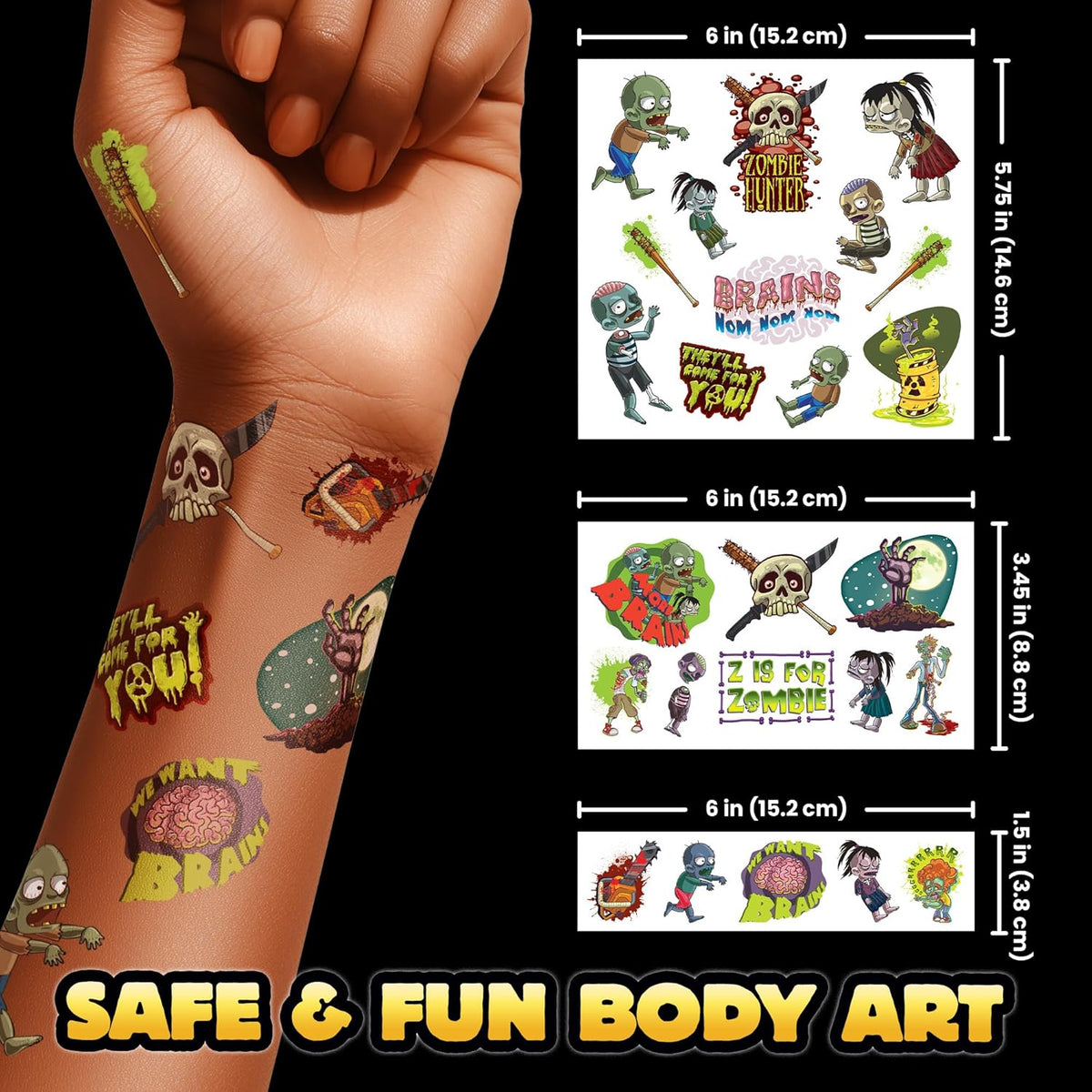 Zombie Halloween Tattoos Variety Pack – 25 Pack of Scary Temporary Tattoos for Kids & Adults, Fake