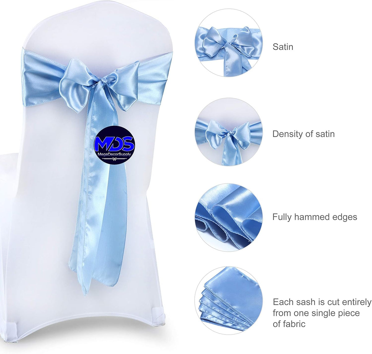 MDS Pack of 150 PCS Satin Chair Sashes Charmeuse Sateen Dining Chair Bows Ribbon Ties Back Sash for
