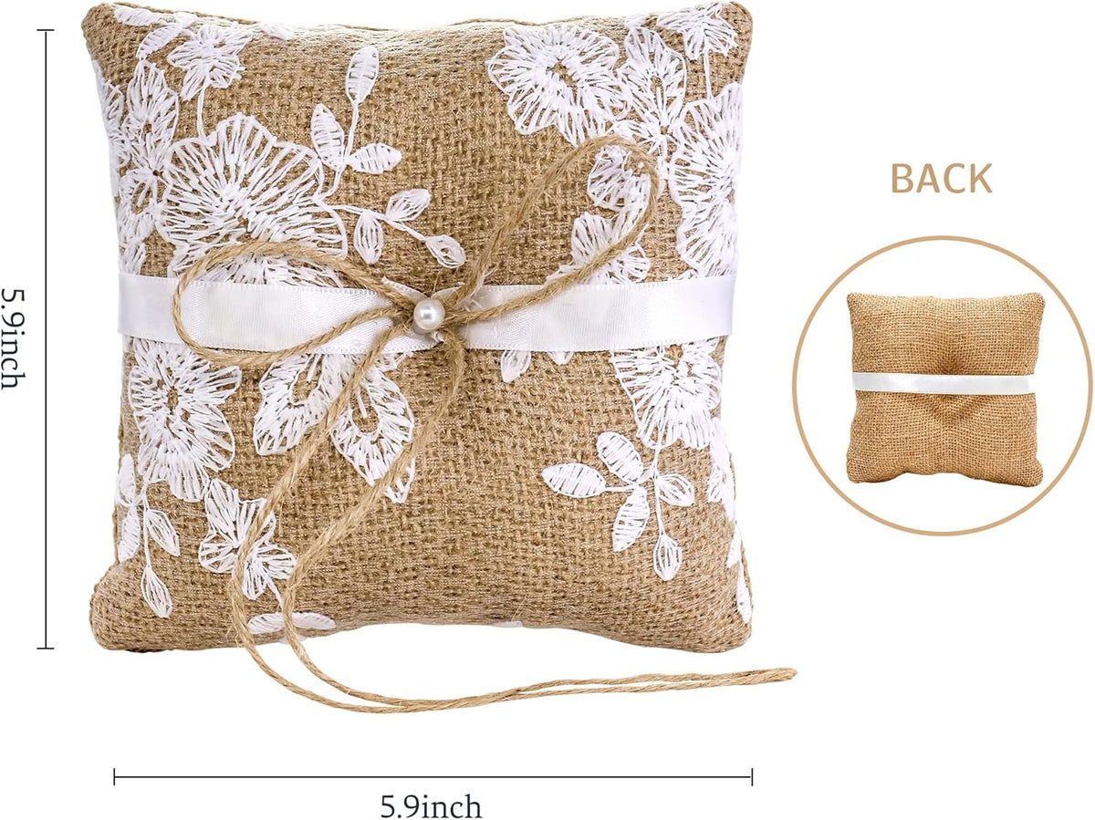 Ring Bearer Pillows Lace Bow Flower for Fall Wedding Ceremony with Vintage Rustic Lace Bow Pearl