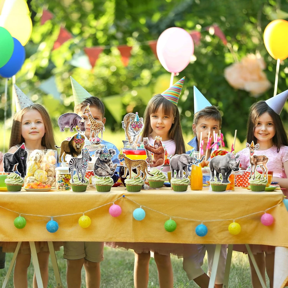 36 PCS Safari Happy Birthday Cupcake Toppers Jungle Theme Party Decorations Baby Shower Cake Decor